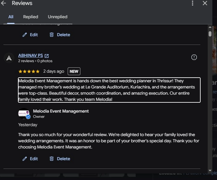 Melodia Event Management Google review praising wedding planning at Le Grande Auditorium Kuriachira Thrissur
