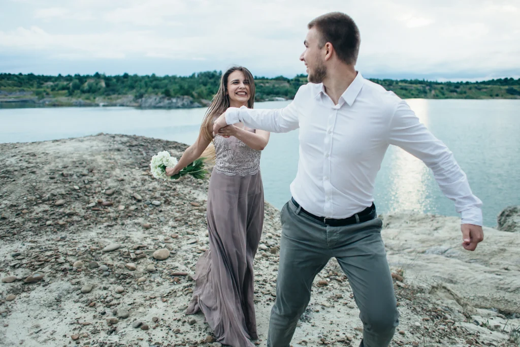 charming couple love running along ground