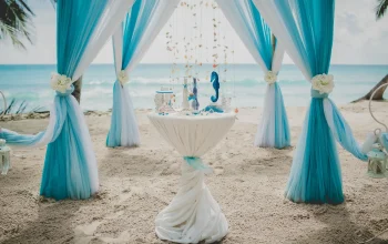 blue white wedding aisle beach surrounded by palms with sea background