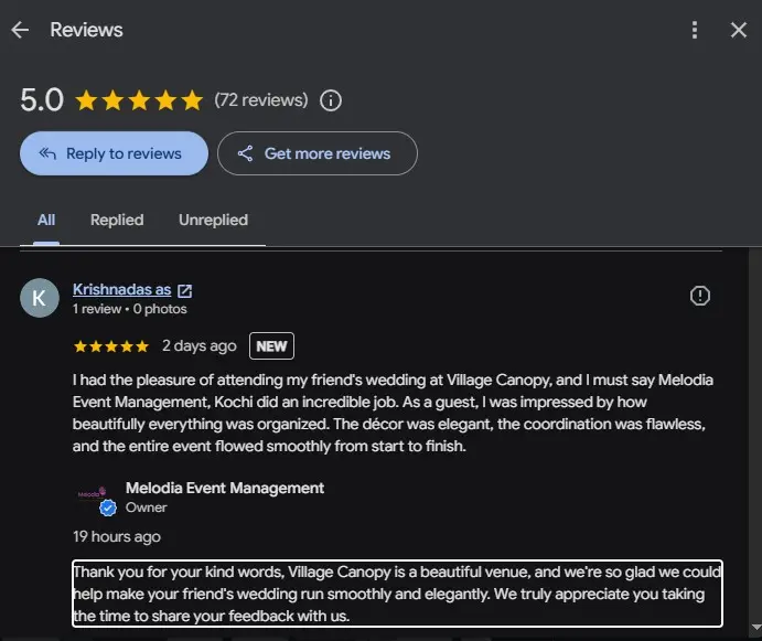 5-star Google review screenshot praising Melodia Event Management for a wedding event at Village Canopy venue.