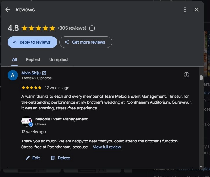 Screenshot of a verified 5-star Google review praising Melodia Event Management for expert wedding planning and coordination at Poonthanam Auditorium, Guruvayur.