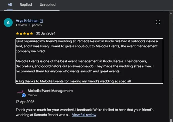 5-star Google review for Melodia Events outdoor wedding management at Ramada Resort Kochi