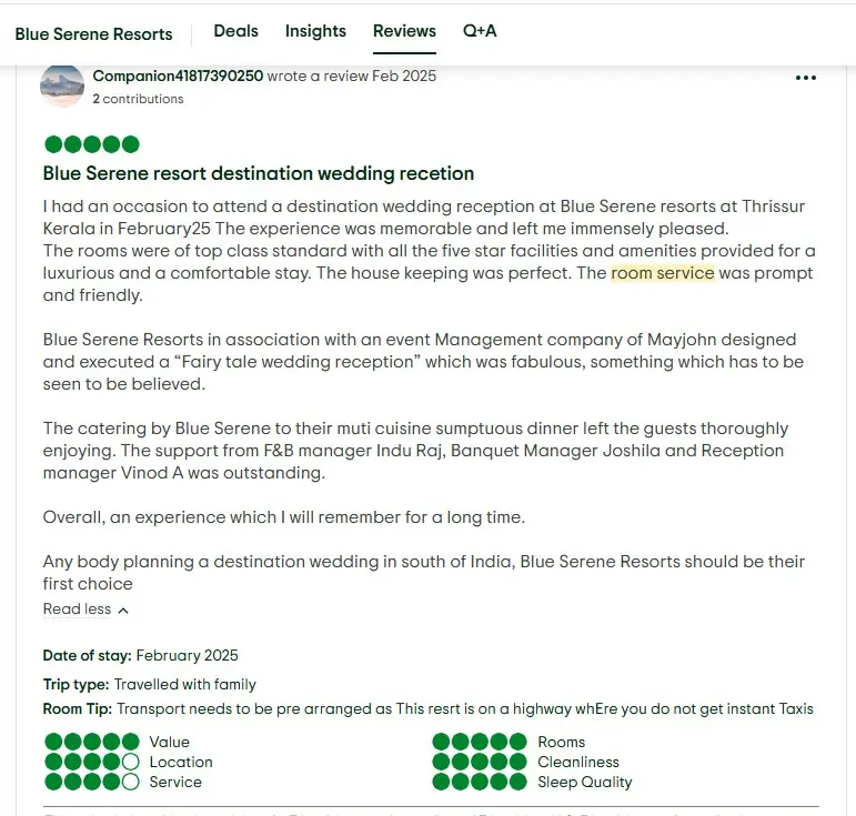 TripAdvisor 5-star review for Melodia Events managed by Mayjohn executing a fairy tale destination wedding reception at Blue Serene Resorts Thrissur.