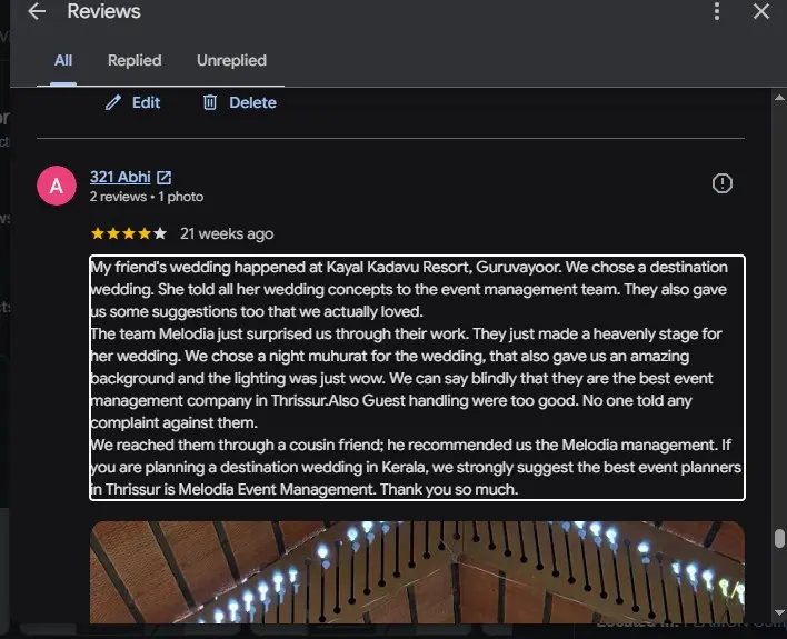 5-star Google review for Melodia Event Management wedding planning at Kayal Kadavu Resort Guruvayoor