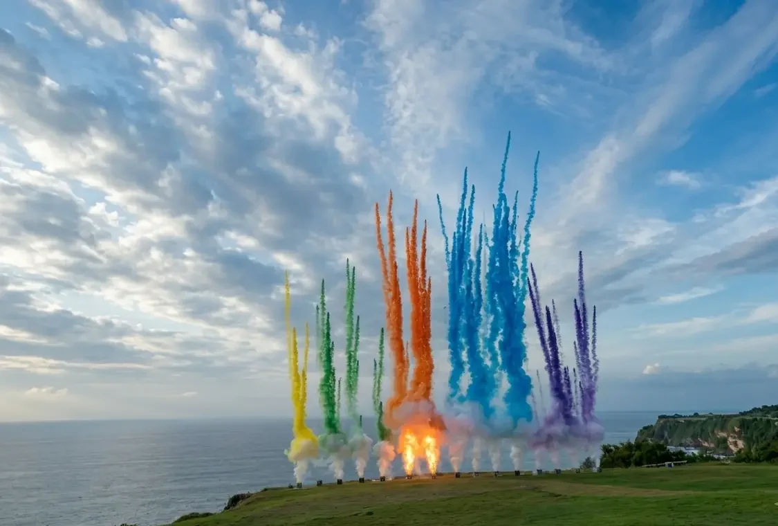 Synchronised colour confetti cannons and custom fireworks along the water's edge.