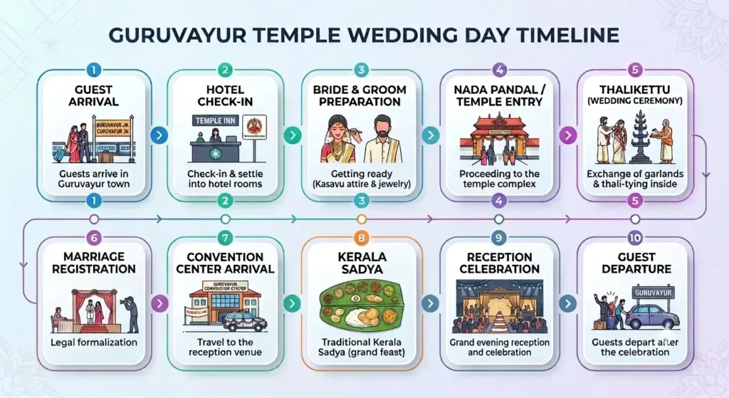 A visually engaging infographic titled 'GURUVAYUR TEMPLE WEDDING DAY TIMELINE' detailing 10 key stages of a wedding day in Guruvayur, including guest arrival, hotel check-in, preparation, temple entry, the wedding ceremony, marriage registration, and a grand Kerala feast.