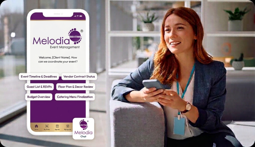A wedding planner uses an event planning app with AI features like "Event Timeline," "Guest List & RSVPs," and a smart chatbot to coordinate event details in an office setting.