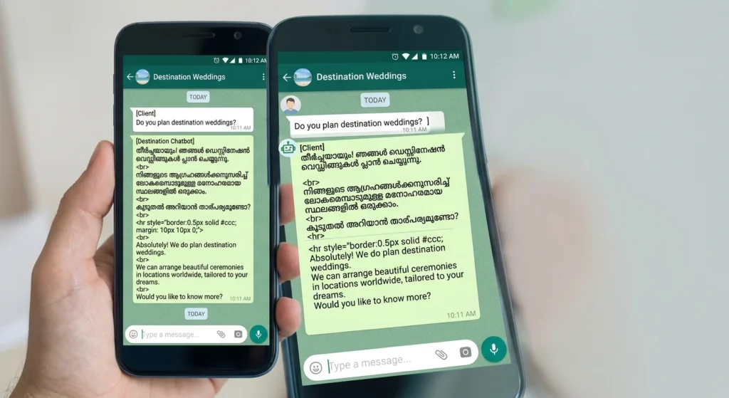 Mobile phone mockup illustrating an event chatbot managing wedding inquiries on WhatsApp