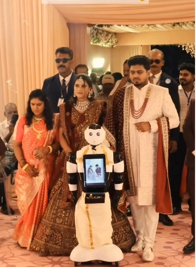 Wedding welcome robots greeting guests at a wedding event