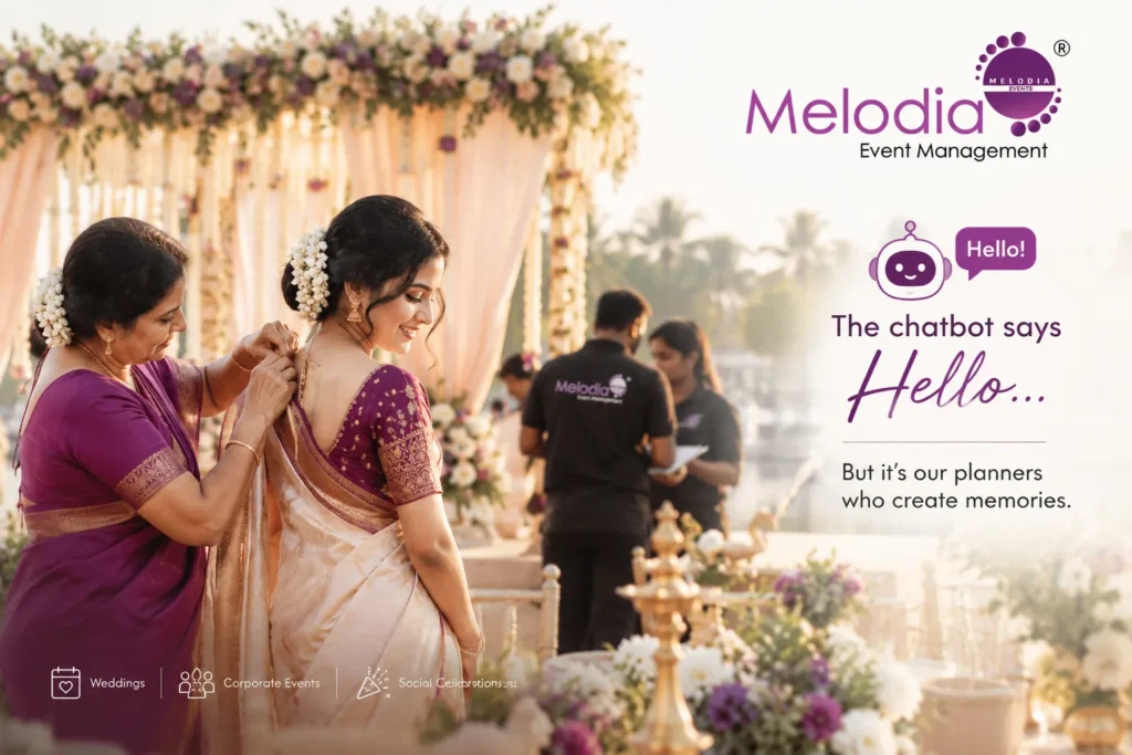 A traditional wedding ceremony moment featuring the bride and groom under a floral mandap, captured by Melodia Event Management.