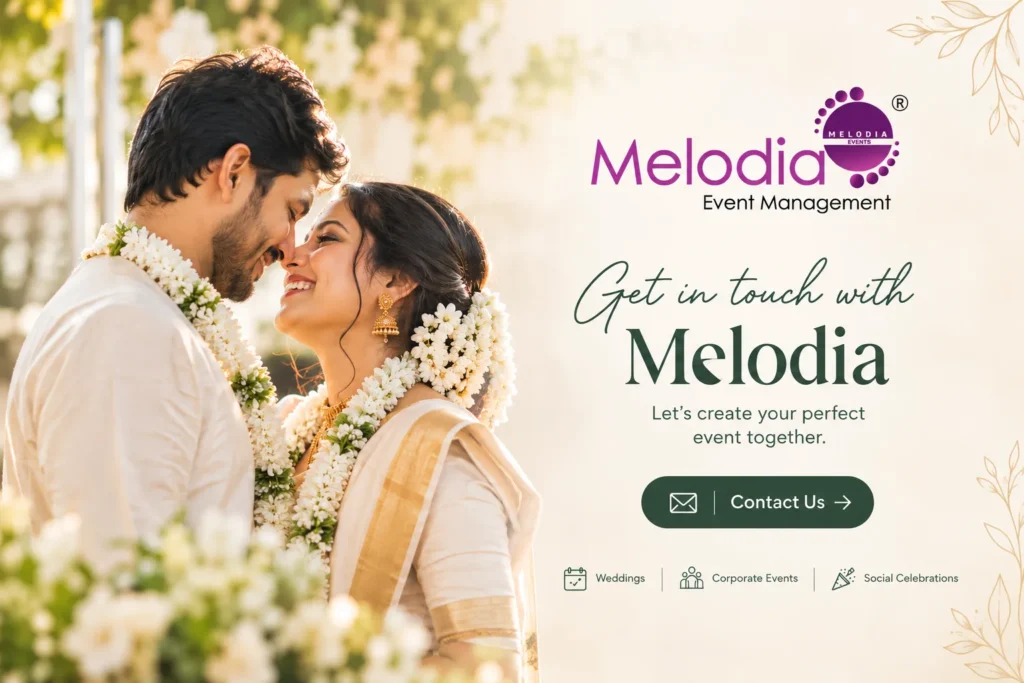 A romantic wedding banner featuring the bride and groom during a traditional ceremony, managed by Melodia Event Management in Kerala.
