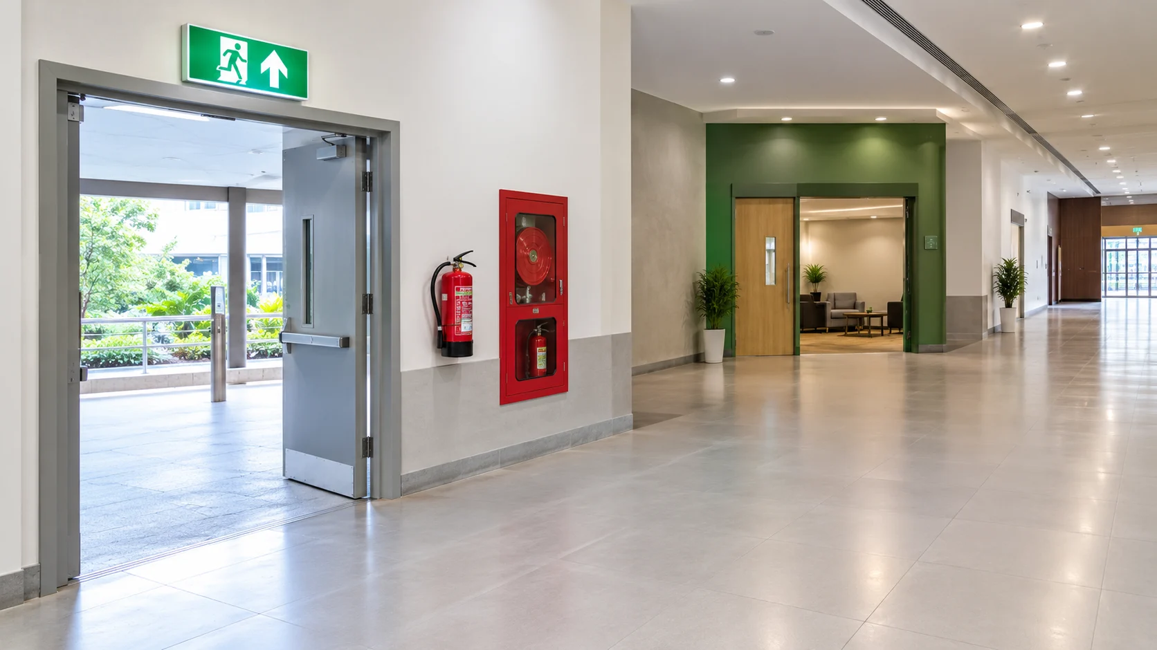Clear emergency exit door, safety sign, and fire extinguisher in a convention center hallway for event safety compliance in Kerala