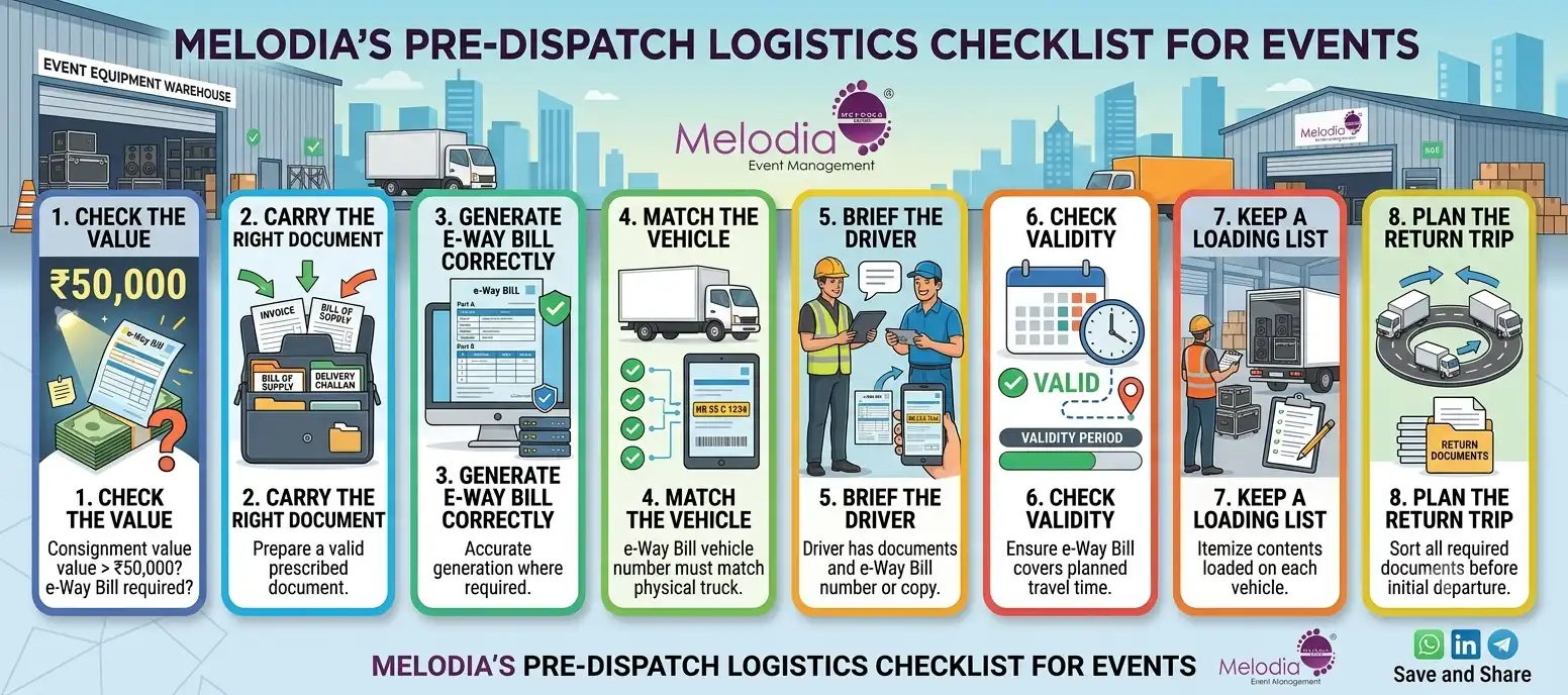 Infographic displaying a pre-dispatch logistics checklist for event management teams, detailing steps for e-Way Bill compliance, vehicle matching, and equipment tracking.