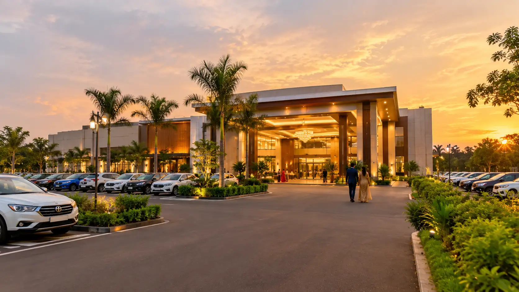 Exterior view and landscaped entrance of a luxury hotel and event venue in Kerala