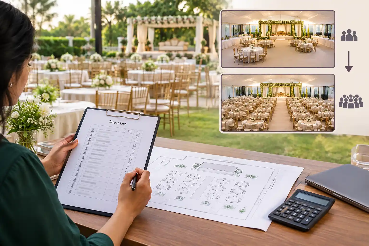 A wedding planner holding a clipboard with a guest list checklist over a table containing venue floor plans, a calculator, and a laptop. In the background is an outdoor garden venue setup, alongside inset comparison images showing indoor seating arrangements scaled for small versus large guest counts.