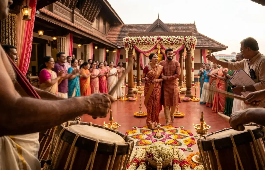 Bride and groom grand entry accompanied by traditional chenda melam, kerala wedding planning by Melodia Event Management