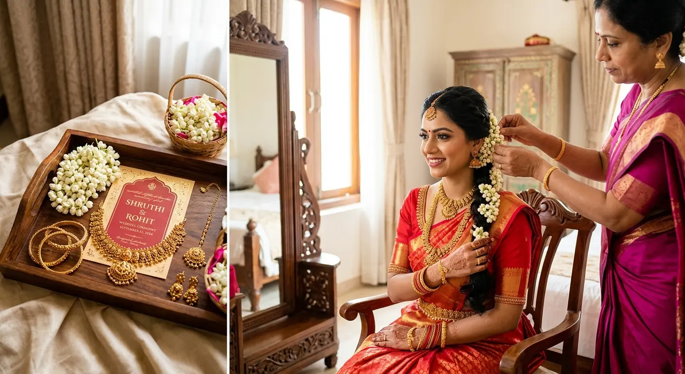 Bride getting ready with her mother pinning jasmine flowers in her hair for a traditional Kerala wedding organized by Melodia Event Management