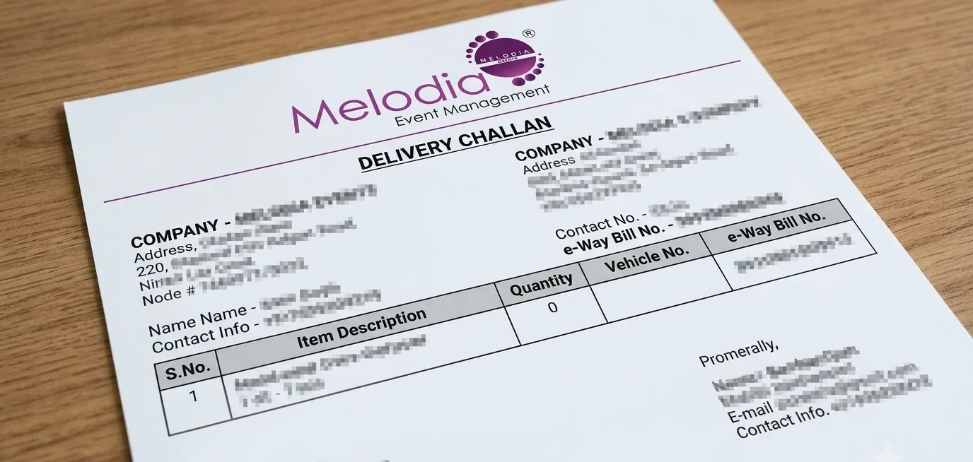 Melodia Event Management Delivery Challan for GST e-Way Bill compliance in Kerala.