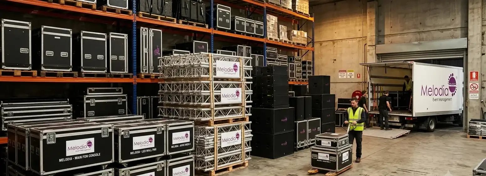 Melodia Event Management warehouse with staging, lighting, and production equipment.