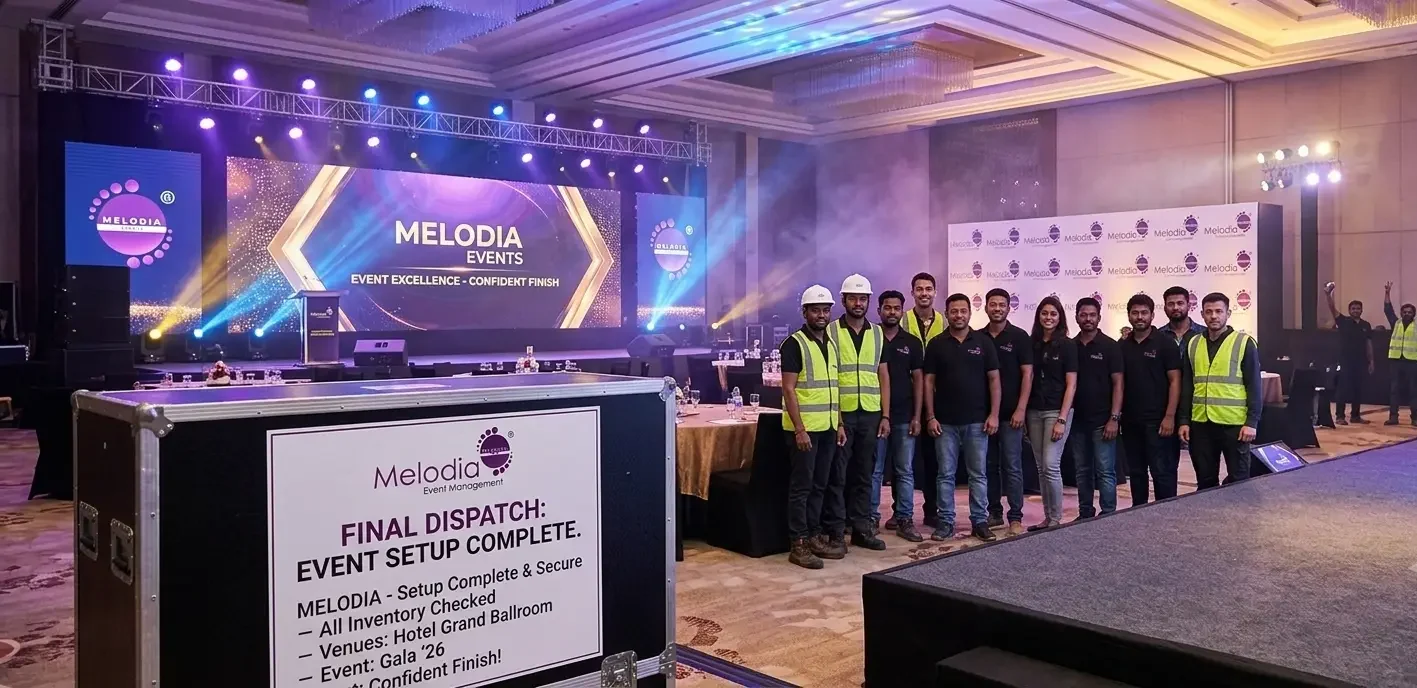 Melodia Event Management production and setup team at an event venue in Kerala.