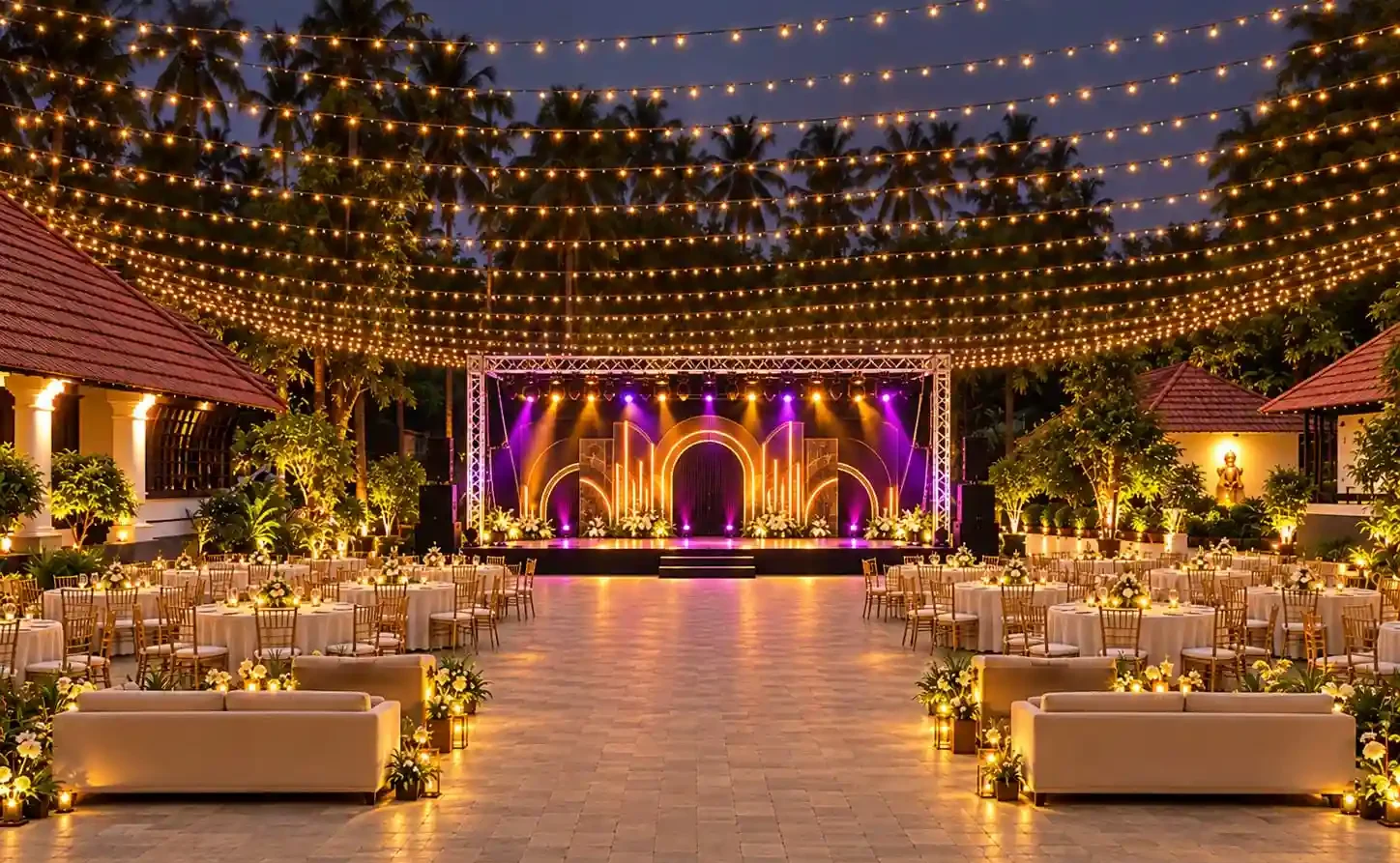 Illuminated outdoor wedding venue and reception setup with fairy lights, dining tables, and lush green lawn in Kerala