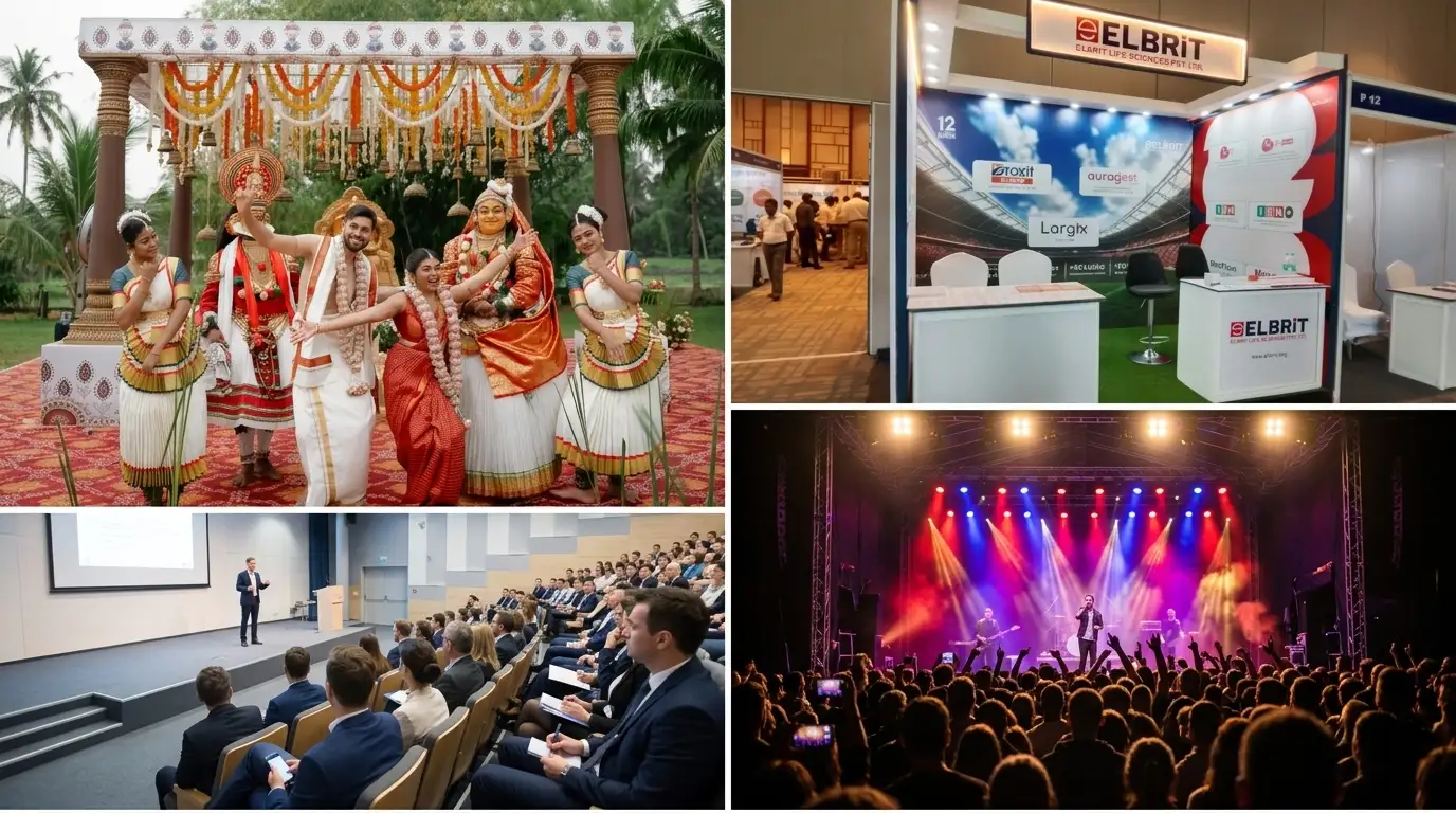Collage showing various event spaces including a wedding stage setup, convention hall seating, and a corporate exhibition booth in Kerala