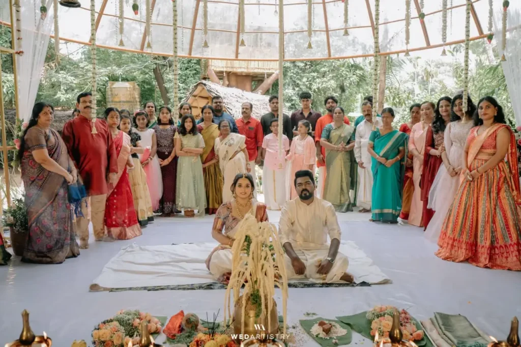 Friends and family enjoying a group dance at a post-wedding party in Kerala, coordinated by Melodia Event Management, one of the top kerala wedding planners