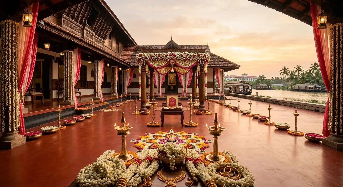 Traditional Kerala architecture and stage decor setup for a wedding, arranged by kerala wedding planning by Melodia Event Management