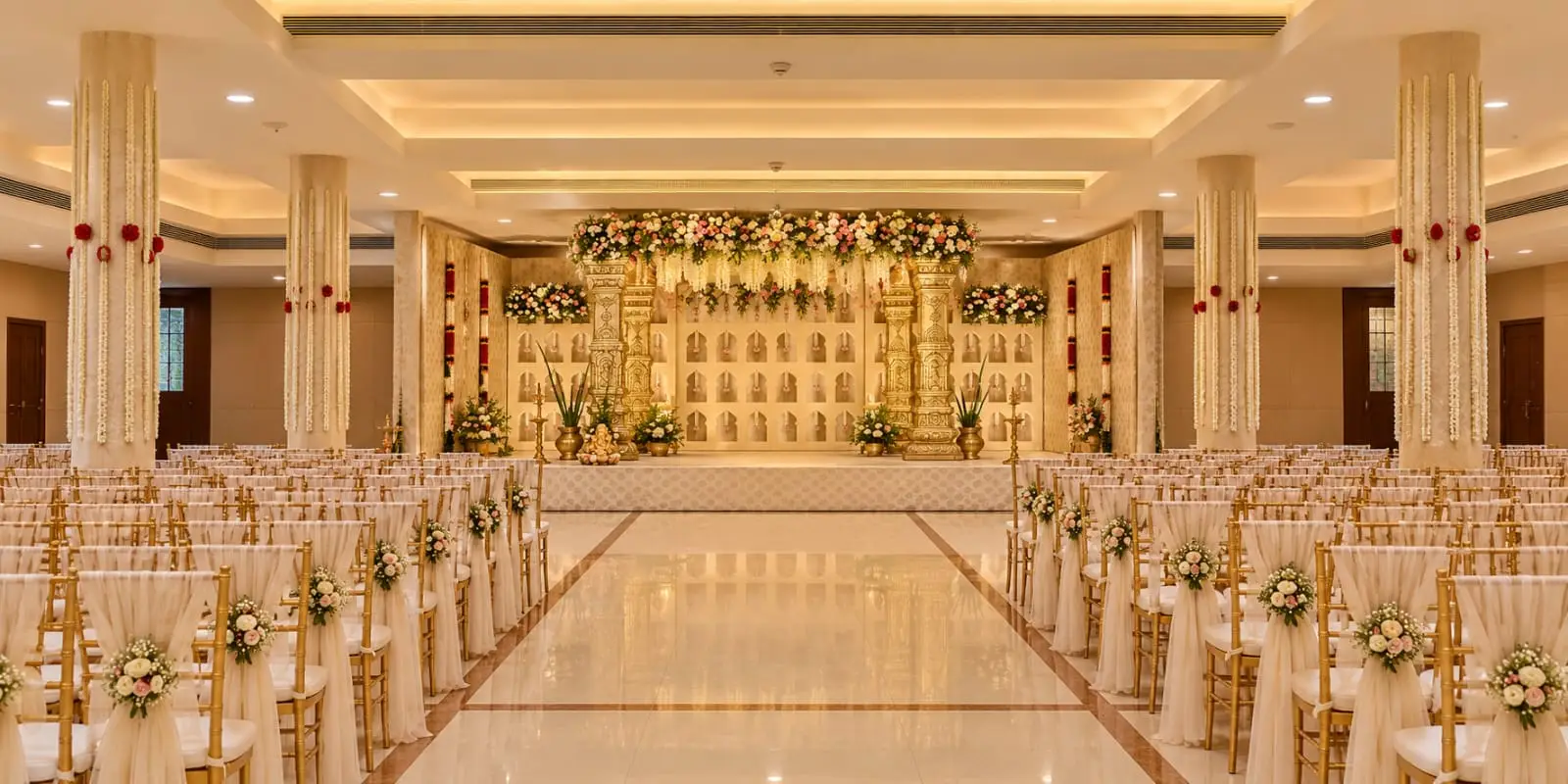 Traditional wedding stage decor with elegant floral arrangements and guest seating at a venue in Kerala