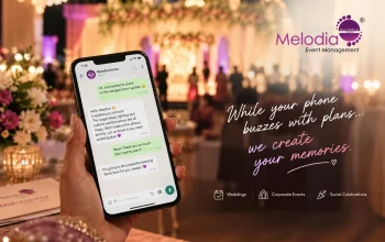 Elegant wedding banner for Melodia Event Management, showcasing a traditional ceremony and celebration in Kerala.