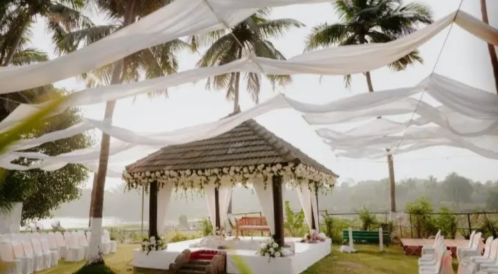 River side Destination wedding stage decor at Mango county resort by Melodia event management Palakkad