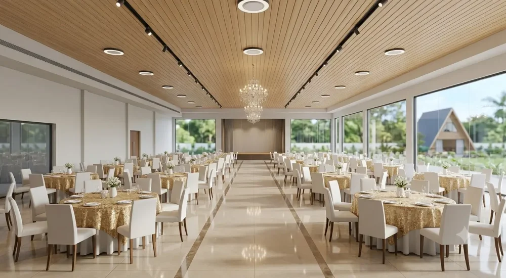 Spacious 4,200 sq. ft. indoor banquet hall at Devi Event Resort, beautifully set up with gold-clothed round tables and white chairs for a 300 pax wedding reception.