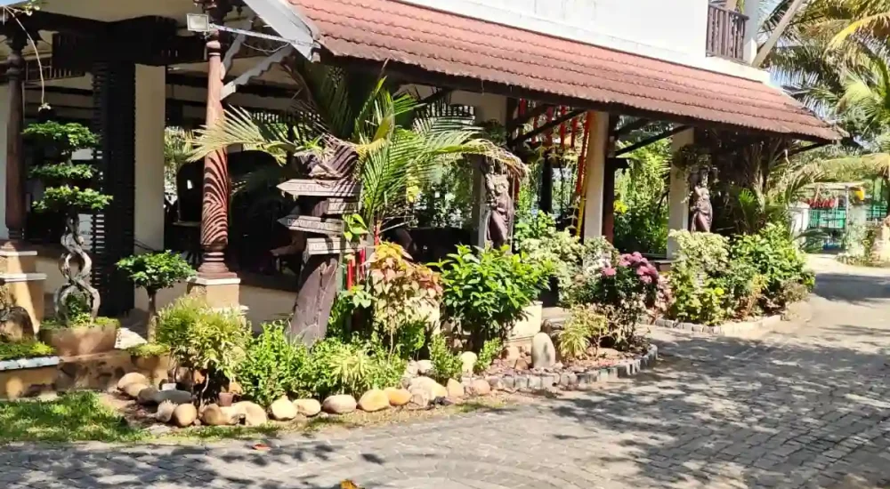 Front view of the modern guest accommodation building at Indriya Sands beach and backwater resort near Kuzhupilly Beach, Kochi.