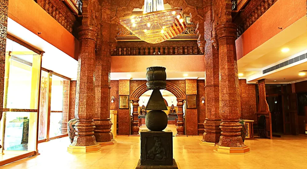 Interior view of the first entrance space at Krishna Beach Resort featuring Vaasthu Shilpa architectural elements.