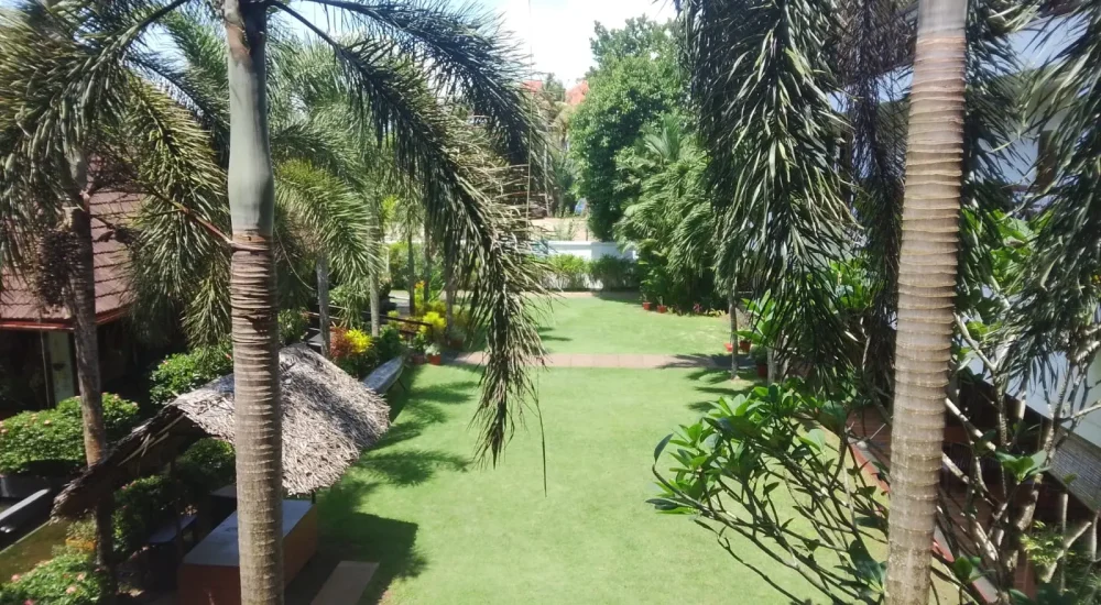 Lush green outdoor garden lawn surrounded by palm trees and traditional huts for wedding events at Rhythm Kumarakom